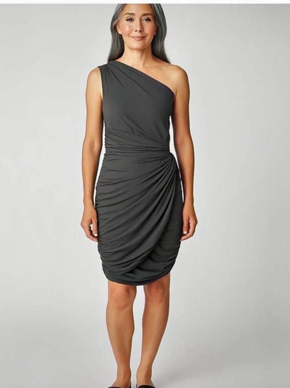 Tart Ruched One-Shoulder Mini Dress in dark Gray size M